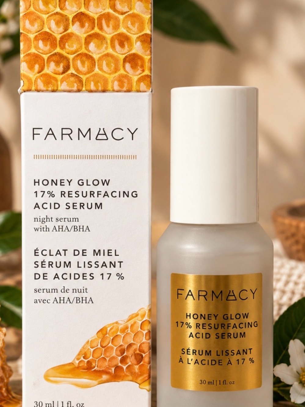 FARMACY Honey Glow 17% Resurfacing Acid Serum Night AHA BHA 1 oz / 30 ml